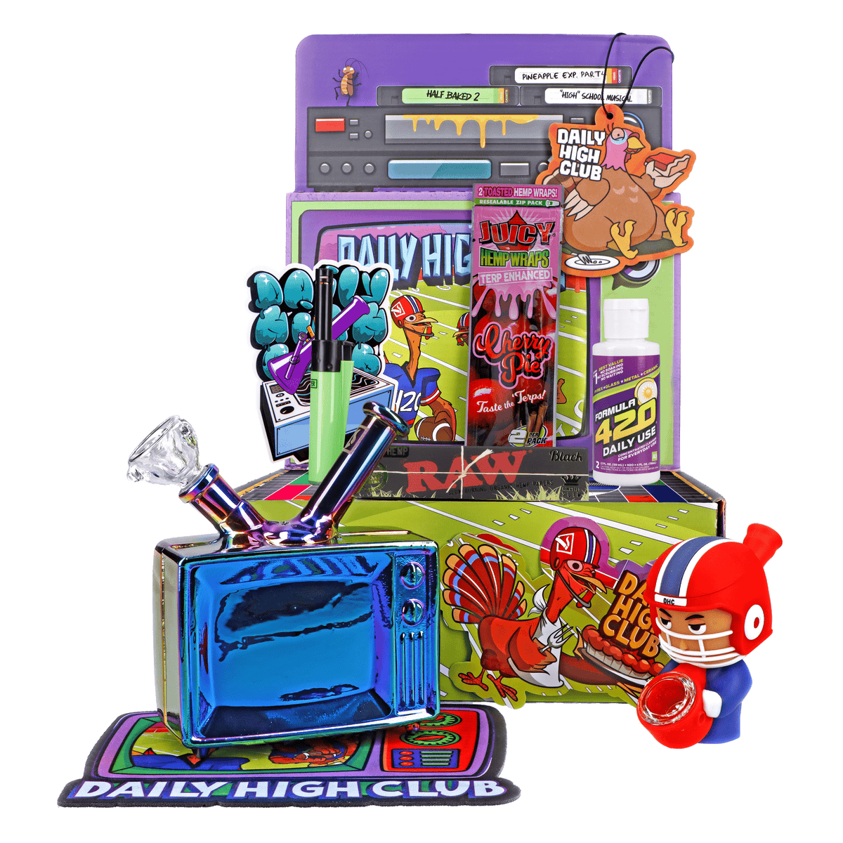 A brightly lit, angled view of the “Turkey Day Touchdown” Box, showing colorful branding and graphics on its packaging.